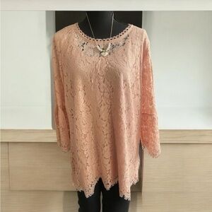 Isaac Mizrahi Tunic Blouse Women’s XL Peach Floral Lace Long Sleeve Round Neck